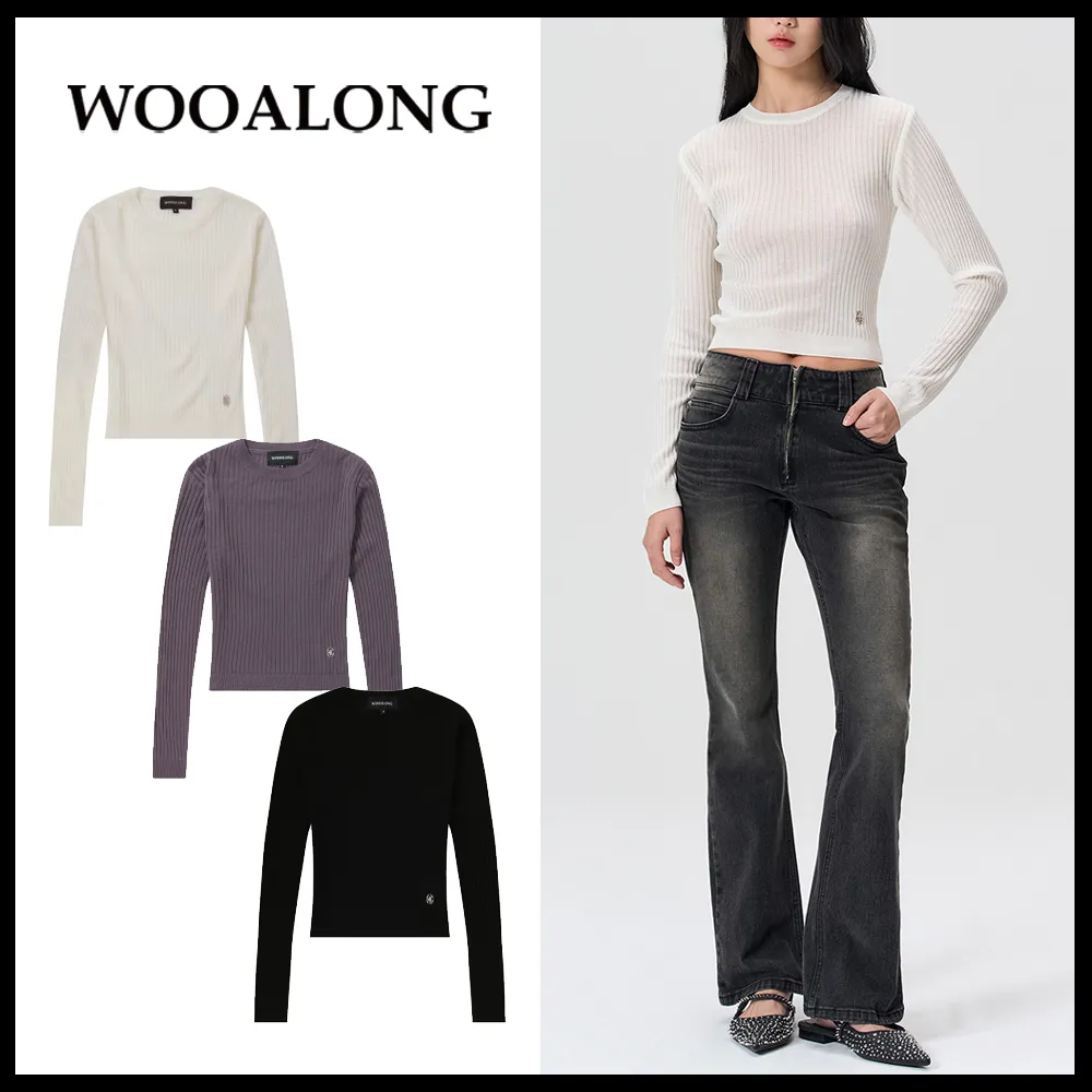 WOOALONG  |Crew Neck Street Style Long Sleeves Plain Logo