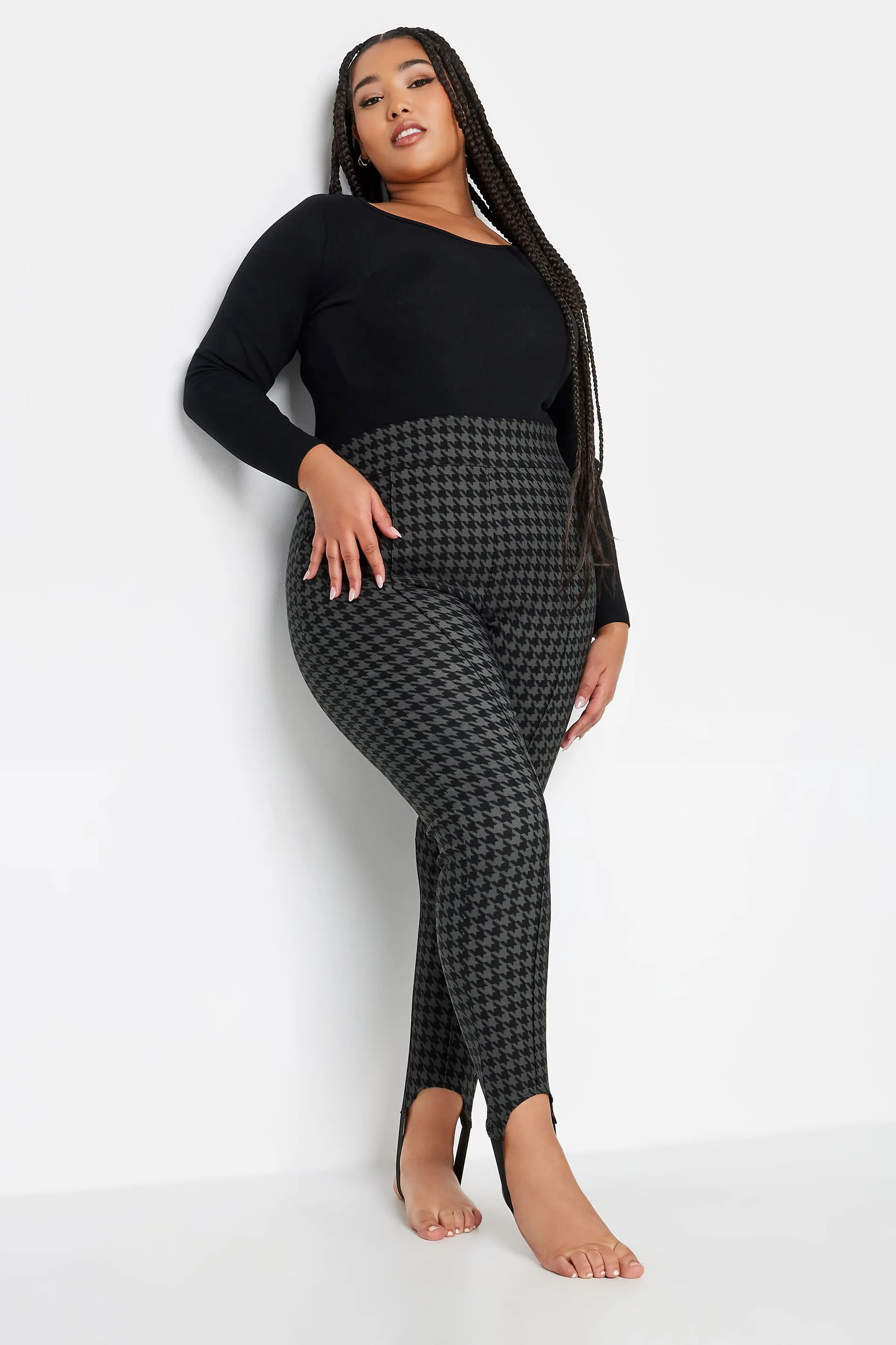 YOURS Curve Black Dogtooth Check Bengaline Stirrup Leggings