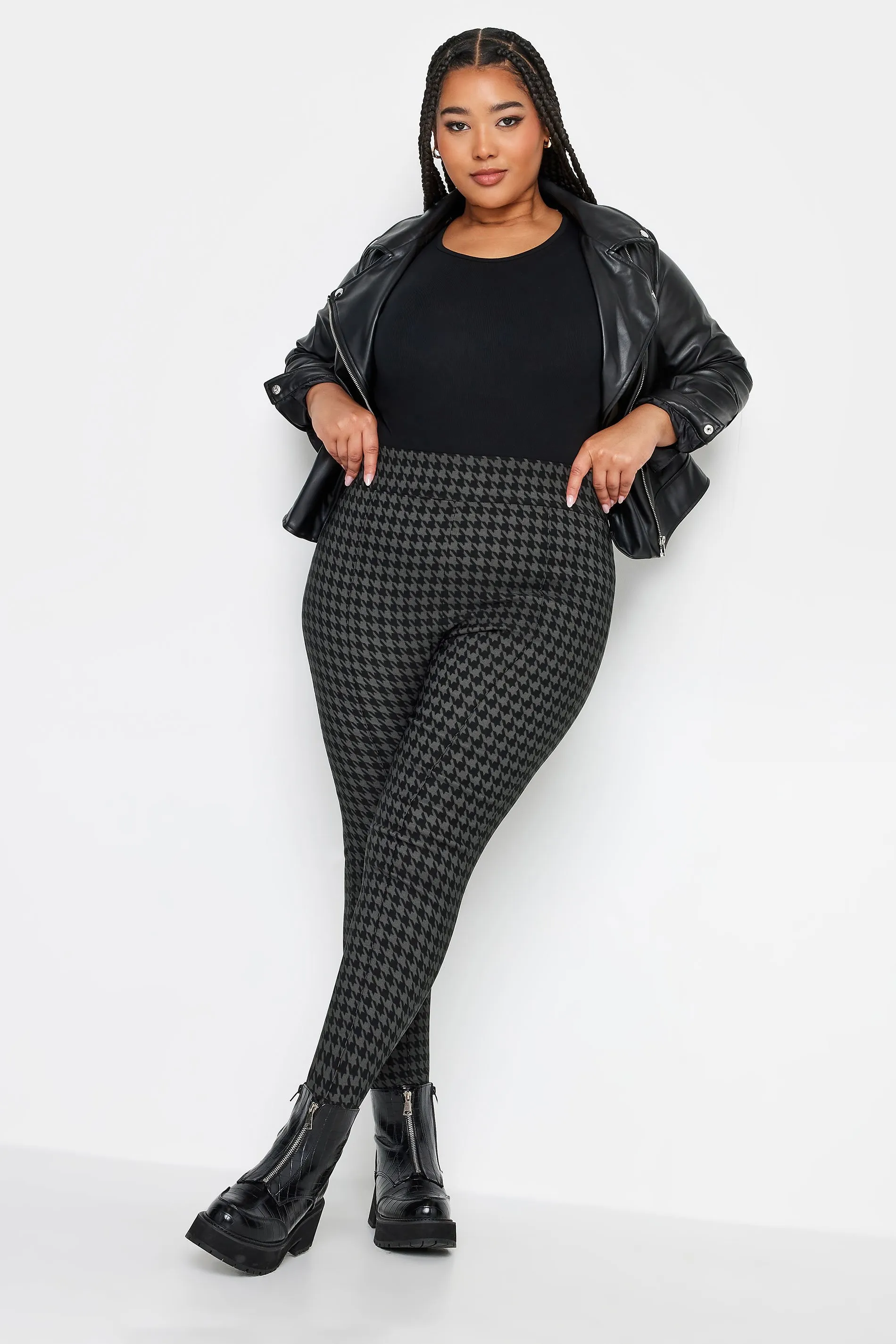 YOURS Curve Black Dogtooth Check Bengaline Stirrup Leggings