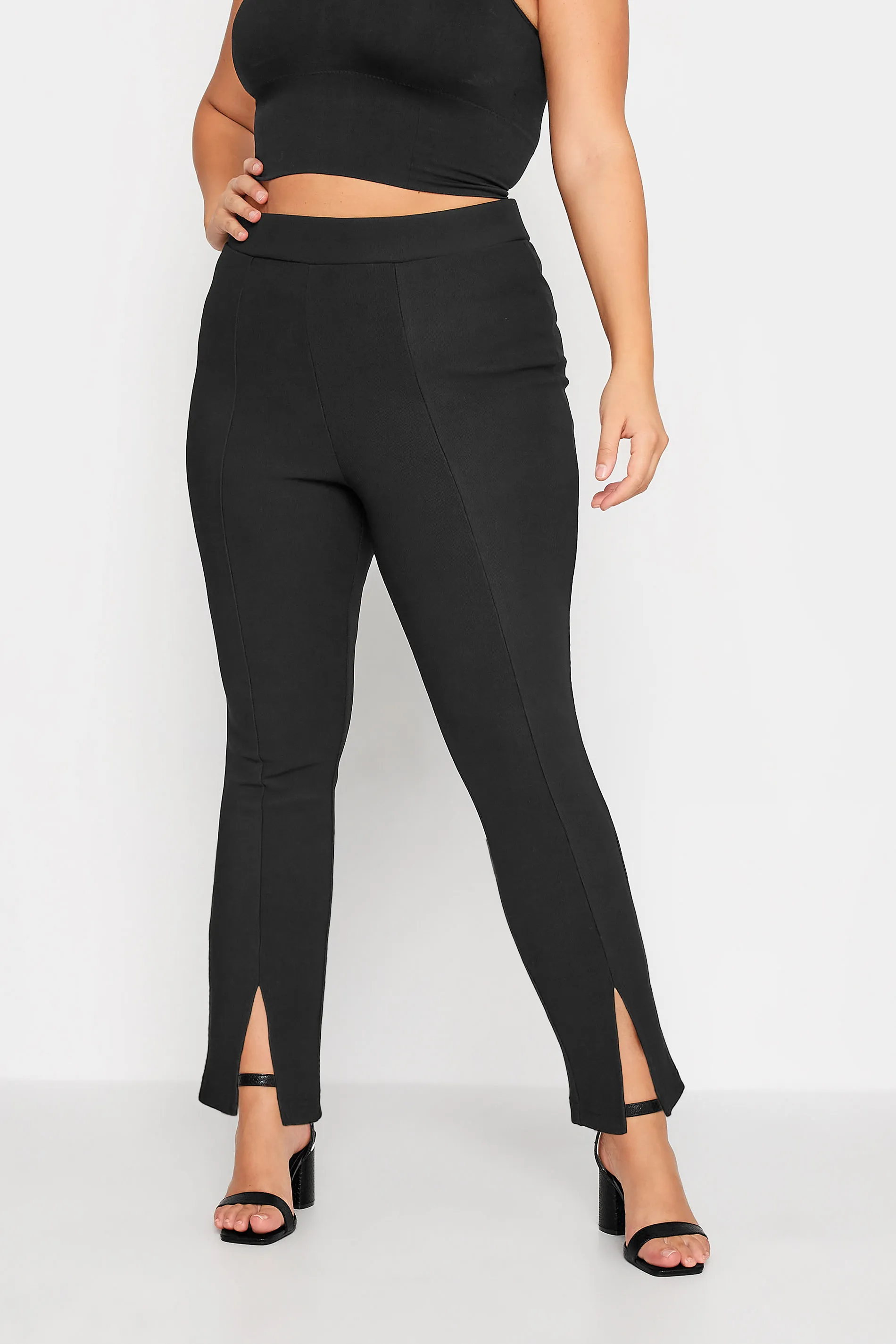 YOURS Curve Black Stretch Ribbed Split Hem Leggings